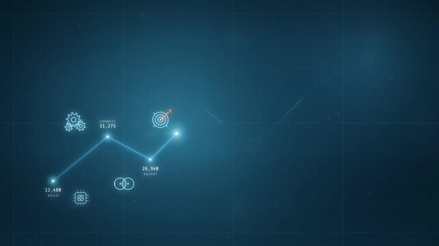Rising line chart animation with growth milestones and a rocket launching at the peak
