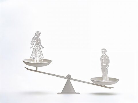 Gender pay gap and wage inequality concept featuring paper cutout male and female figures on a wooden balance scale for International Equal Pay Day campaigns, isolated on white background