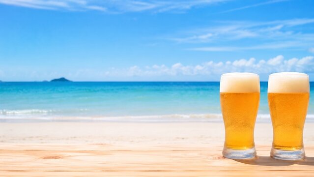 青い海と砂浜を背景に並ぶ泡立った冷たいビール