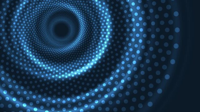 Blue glowing halftone circles with radial dotted rings. Dark futuristic tech background with luminous depth and smooth gradient, motion design. Seamless loop. Video animation Ultra HD 4K 3840x2160