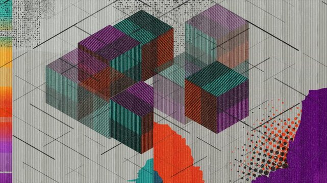 Retro geometric modular composition with isometric blocks, halftone dots and tactile paper grain. Abstract tech motion background. Seamless loop. Video animation Ultra HD 4K 3840x2160