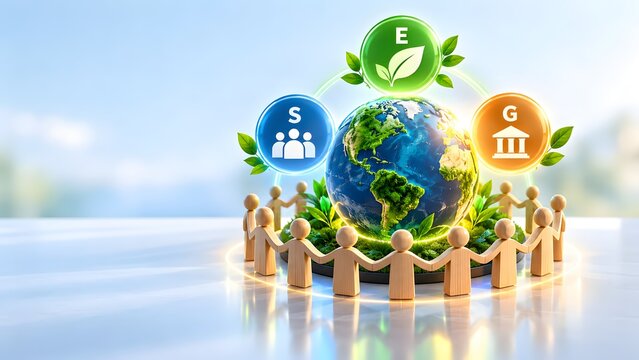 Miniature wooden figures holding hands around an earth globe with ESG compliance icons. Concept of environmental sustainability and corporate governance responsibility.