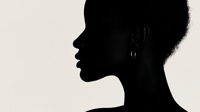 elegant female profile forms a dark minimalist silhouette with natural hair and subtle earring against neutral copyspace, concept of beauty, identity, wellness and self expression