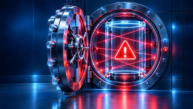Open metallic bank vault featuring a glowing red warning sign and security lasers. Concept of cyber threat containment and data breach alert.