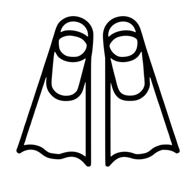 Symmetrical pair of watersport scuba diving swim flippers showing rounded open heel foot pockets and wide flaring flexible rubber blades, monoline vector icon on a plain white background