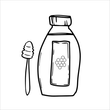 An elongated, half-round jar for honey with a label depicting honeycombs, with a wooden honey dipper next to it.