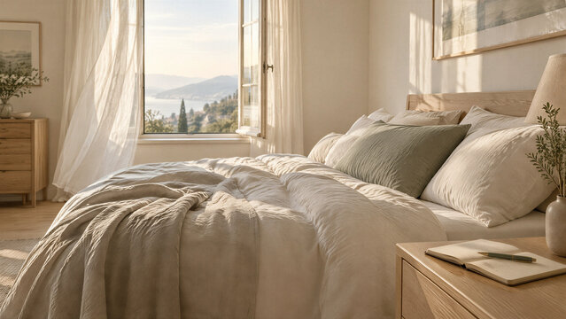 Minimalist bedroom interior with linen bedding, sunlit master bedroom with open window and scenic view, cozy neutral home decor with morning light