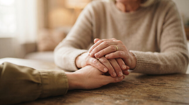 Close-up of caring hands holding each other on wooden table