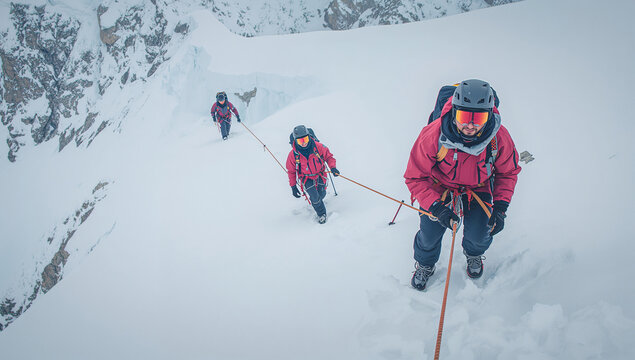 ロープでつながり雪の斜面を登る三人の登山者