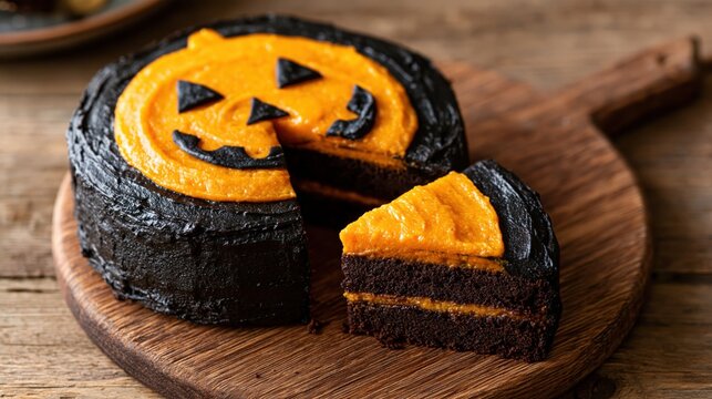 Chocolate halloween cake with orange jack o lantern face design