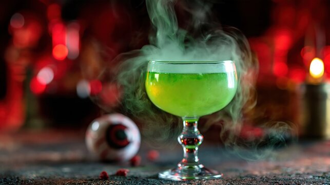 Spooky glowing green cocktail with dry ice smoke for halloween