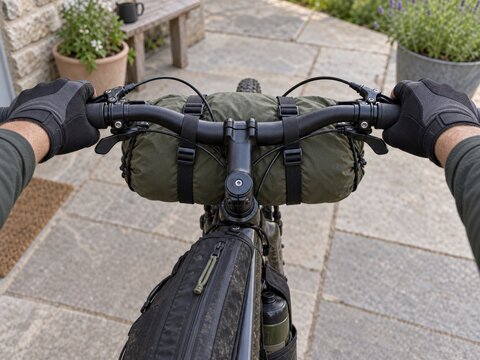 Gloved cyclist hands rest on clear handlebar grips beside a securely strapped sleeping roll on a stationary bicycle during a practical overnight bikepacking setup check on a paved home patio