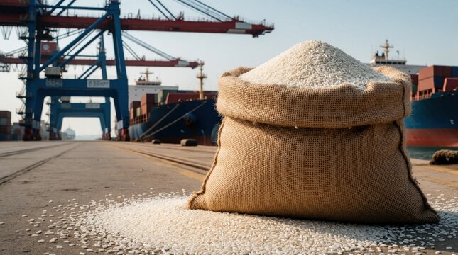 Burlap sack full of white rice on industrial port dock. Cranes and cargo ships ready for global food trade and bulk export business. Transportation and logistics.