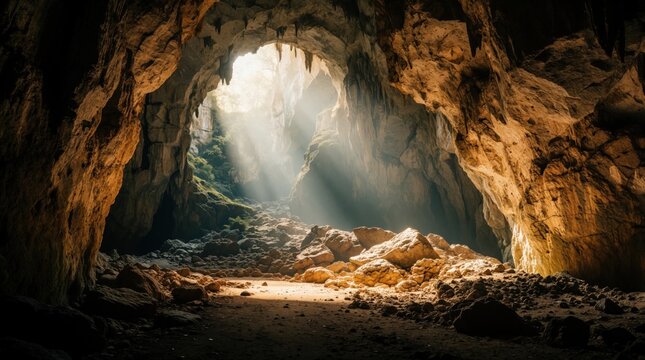 Sunlight streams into a large cave opening illuminating rocks and foliage. The cavern has a mysterious entrance and ample copy space for text.