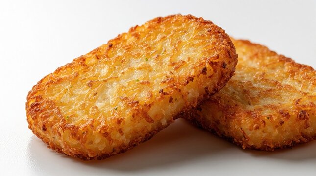 Two golden hash browns with crispy edges are presented close up on a white surface. They offer a tempting and delicious snack, perfect for breakfast or any meal time.