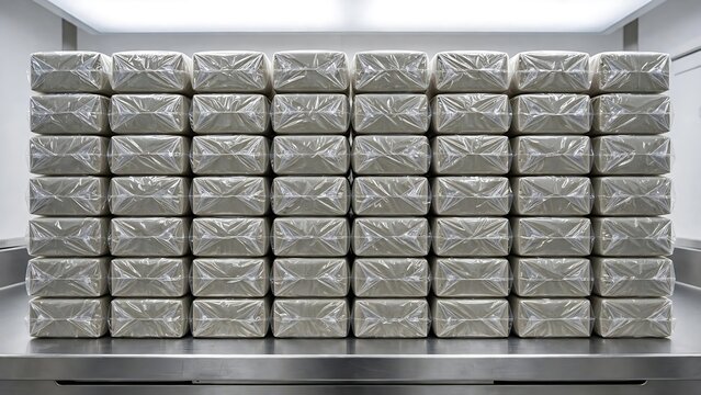Stacked Rectangular Packages Wrapped in Transparent Plastic Film on Steel Industrial Table Representing Commercial Goods Storage or Evidence Law Enforcement Seizure