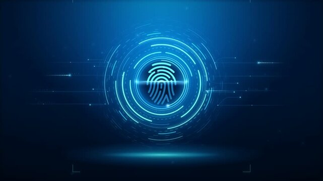 Glowing fingerprint scan icon inside rotating HUD rings for biometric security identification