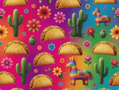 Colorful pattern with tacos, cacti, pinatas, and flowers on a vibrant gradient background. This festive design uses Mexican cultural elements for celebrations.