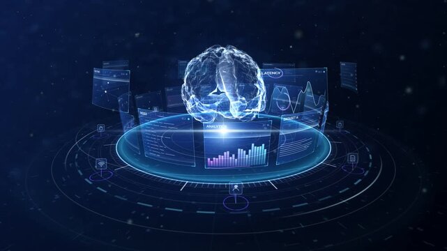 Glowing wireframe brain hologram rotating over HUD platform with floating data screens loop