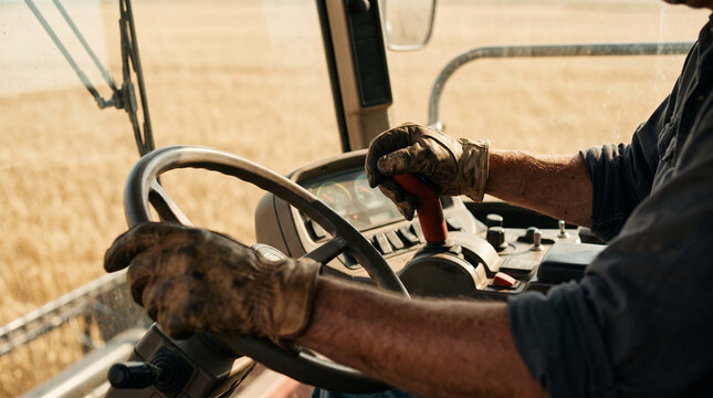 Farmer driving combine harvester through golden wheat field at harvest time. Man in work gloves holds steering wheel and gear lever inside machine cabin.