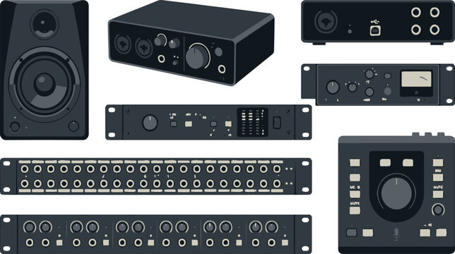Audio production equipment vectors including studio monitors rack mount preamps patchbays mixer consoles and interfaces for recording studios