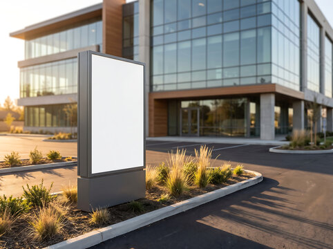 Sleek modern corporate office building featuring an expansive glass facade and a prominent blank white billboard, perfect for advertising mockups and business branding solutions