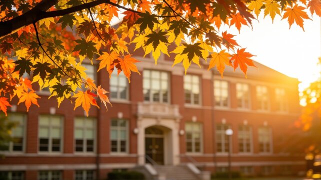 Autumnal maple leaves frame a blurred brick school building bathed in a warm golden sunset glow.