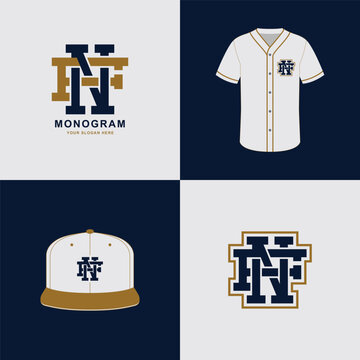 Vintage athletic NF or FN monogram logo for sports apparel with baseball jersey and cap mockup