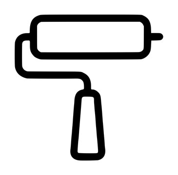 Pressure seam roller hand tool featuring a wide cylindrical barrel mounted on an angled metal arm with a smooth grip, black line vector icon isolated against an empty white background