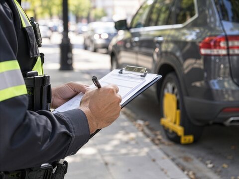A law enforcement officer writes on a clipboard while standing by a car with a yellow parking boot.