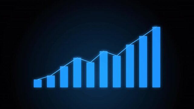 Glowing blue bar chart with an upward-trending line on a dark background, representing financial growth, market success, and business development, ideal for corporate presentations and financial