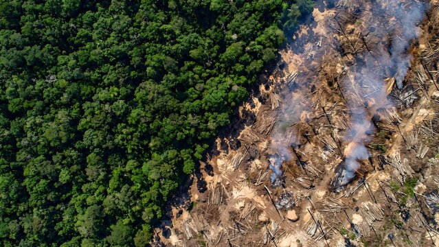 Deforestation Environmental Issues Shown by High Angle Aerial View of Intact Green Rainforest Bordering Cleared Burnt Land with Felled Logs and Smoke