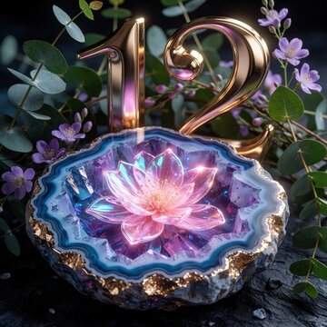 Golden number twelve floats above geode with luminous lotus flower. Purple blossoms and eucalyptus leaves surround magical scene. Represents numerology, growth, and natural beauty.