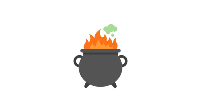 Halloween witch cauldron with burning orange fire and green magic smoke vector icon