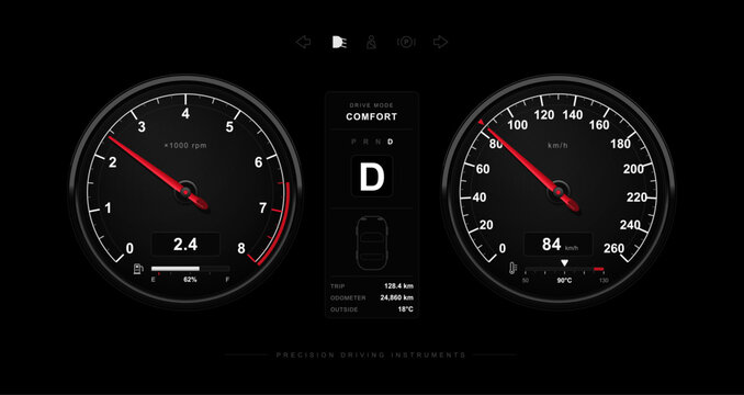 Car dashboard with analog speedometer, tachometer, red needles and digital readouts. Black instrument cluster with fuel, temperature, gear and mileage indicators for vehicle interiors. Vector graphic.