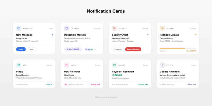 Notification cards set for mobile app user interface design. Smartphone alert components collection for messages, calendar meetings, security warnings, and wallet payments. Vector graphic set.