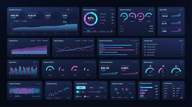Admin dashboard UI, UX with analytics data screens and charts panel. Futuristic web app interface design template with business diagrams, financial statistics graphs, and kpi metrics. Vector UI, UX.