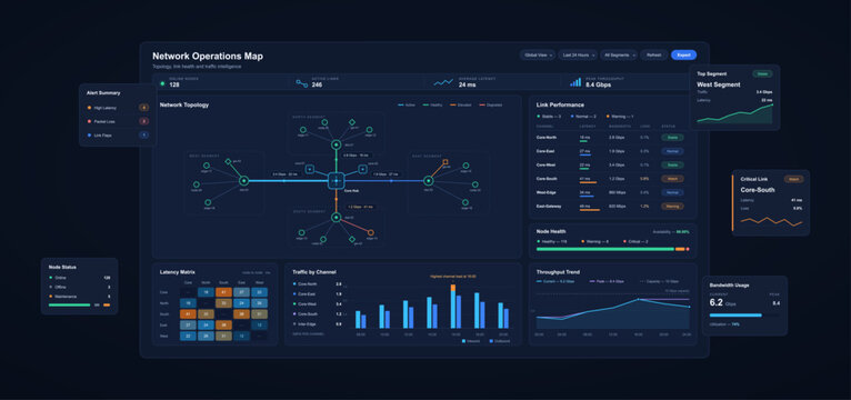 Network operations map dashboard with global topology and metrics. Dark neon web app interface design template with server node health, data throughput trends, and latency graphs. Vector UI, UX.