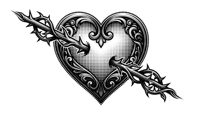 Black and white heart symbol contains elaborate scrollwork and thorny arrow for tattoo art.