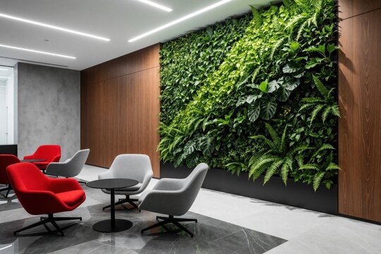 Modern office lounge features vibrant green wall with rich plants, comfortable seating, sleek wood paneling. Contemporary space offers stylish break area with red, grey chairs around small tables.