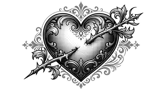 Ornate stippled heart illustration with heraldic scrollwork and pierced arrow for branding.