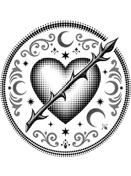 Halftone celestial heart seal tattoo design with moon stars and thorn branch in circle.