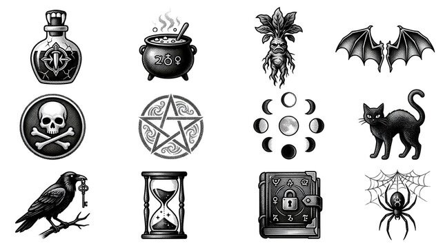 Spooky occult iconography set contains black ink symbols for witchy and magical branding.