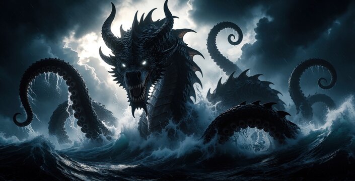 Giant dark kraken dragon with glowing eyes emerges from stormy sea waves. Massive tentacles rise from the turbulent ocean under a dramatic sky, evoking a sense of terror and mythical power.