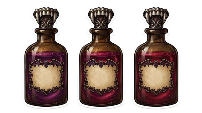Vampire blood elixir sticker set featuring red liquid jars with bat labels and fang caps.