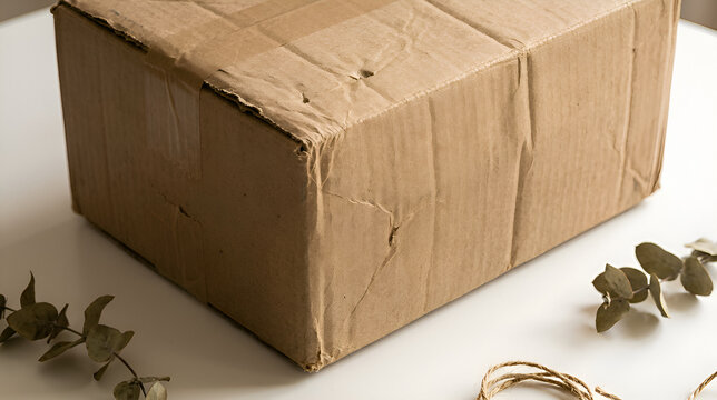 Cardboard box wrapped with twine on white surface