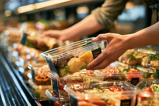 Retail Worker Organizing Ready Meals in a Refrigerated Display Case