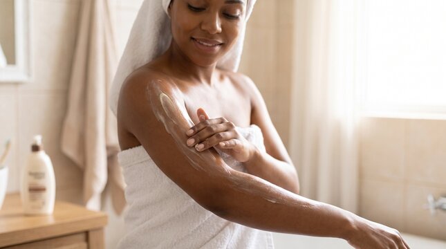 Young woman applying moisturizer to her arm after a bath in bathroom