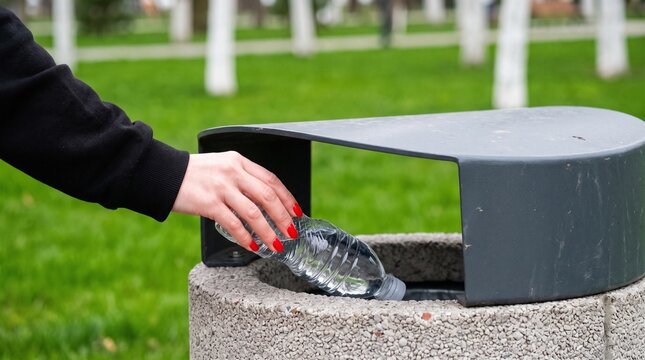 Person disposing of plastic water bottle in public trash bin