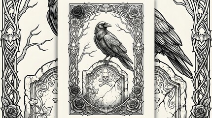 Fototapeta premium Raven perched on skull gravestone with gothic rose frame vintage line art tattoo design.